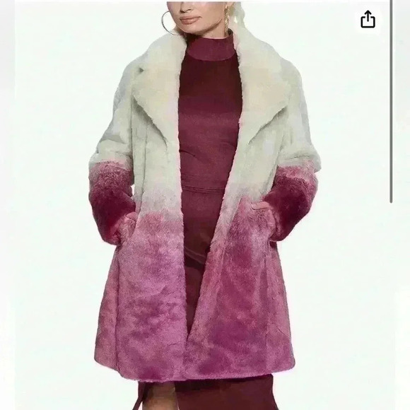 NWT Guess Clara Pink/Cream Faux Fur Coat, Size Large - Picture 2 of 14